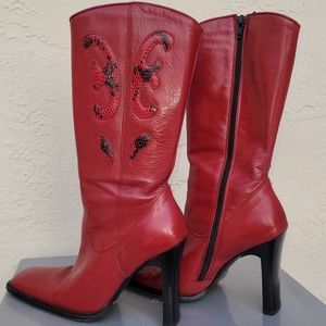Guess Red Leather Heeled Boots size 6.5